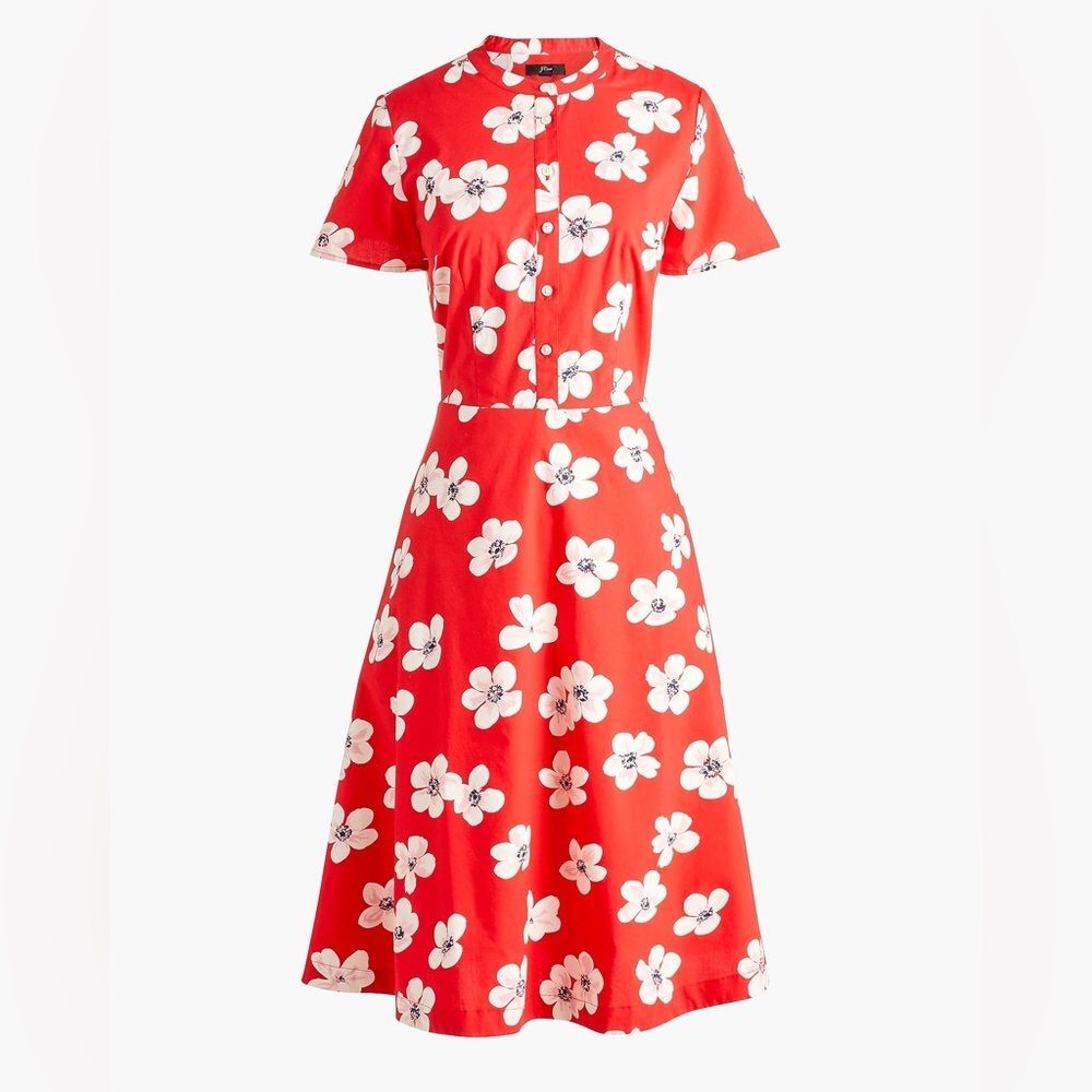 J. Crew Button Down Shirt Midi Dress Red Cherry Blossom Print Floral Sz 8